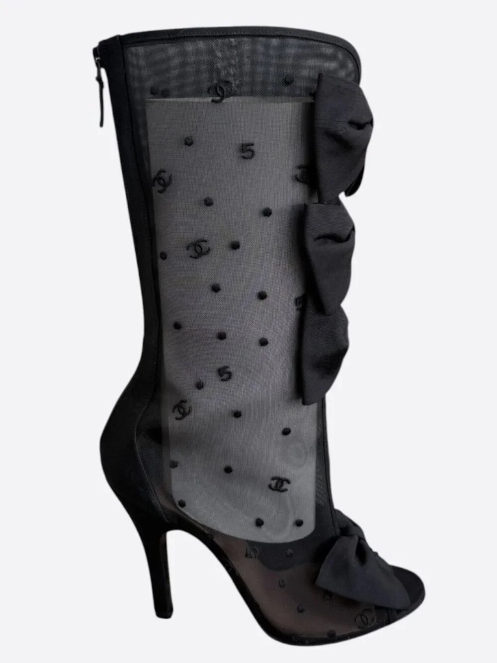 Chanel Black Mesh CC Logo Bow High Boots
